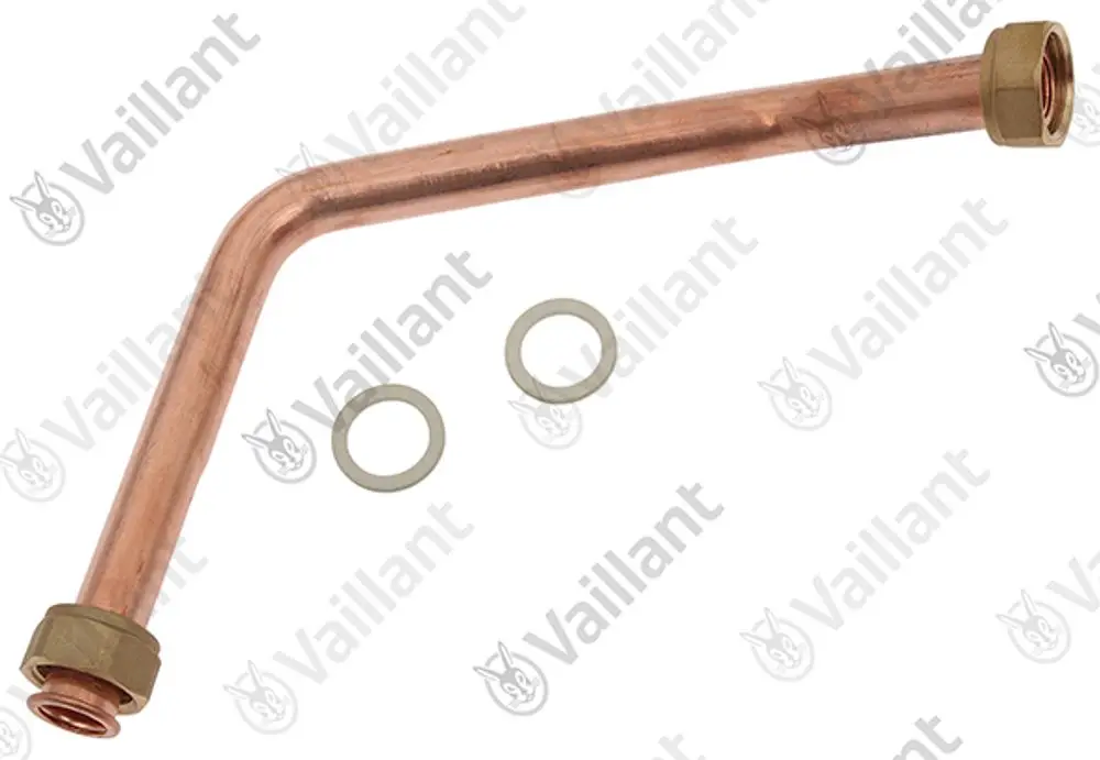 Kupferrohr mit einer Biegung, zwei Anschlüssen und zwei Dichtungsringen. Produkt von Vaillant zur Verwendung in Heizungs- oder Rohrleitungssystemen.